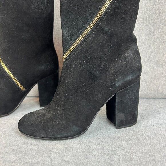 VC Vince Camuto Size 7 Black Suede Kardale Boots Gold Wrap Zipper Heeled Booties - Picture 5 of 12